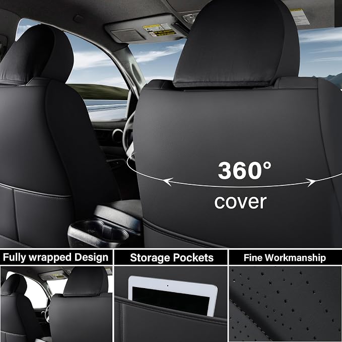 Coverado Tacoma Seat Covers Full Set, Faux Leather Seat Covers Custom Fit for 2005-2023 Toyota Tacoma Double/Crew Cab Base Prerunner SR5 Limited TRD Sport Interior Covers (Black) - Image 2