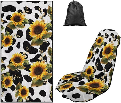 Sunflower Cow Car Seat Towel Cover Sweat Auto Seat Cover Towel | Cow Print Auto Front Seat Protector with Storage Bag Sunflowers Car Interior Accessories Non-Slip Car Seat Towel Cover by YMPUDXFI