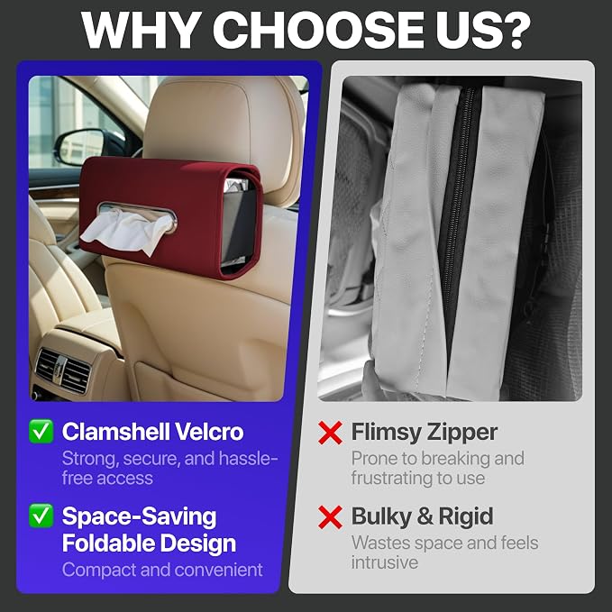 Lucrum Extra Large Car Tissue Holder - PU Leather Tissue Box Cover | Fits Regular Size Napkins Box - PU Leather Car Tissue Holder for Seat Back, Sun Visor & Console - Wine Red - Image 4