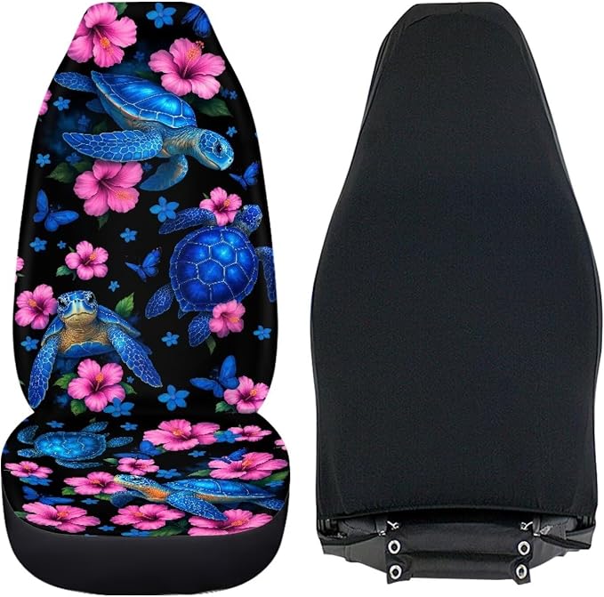 Hibiscus Flower Car Seat Covers Front Set Car Seats for Men Women, Sea Turtle Print Universal Fit Automotive Seat Covers for SUV, Sedan, Van - Image 4