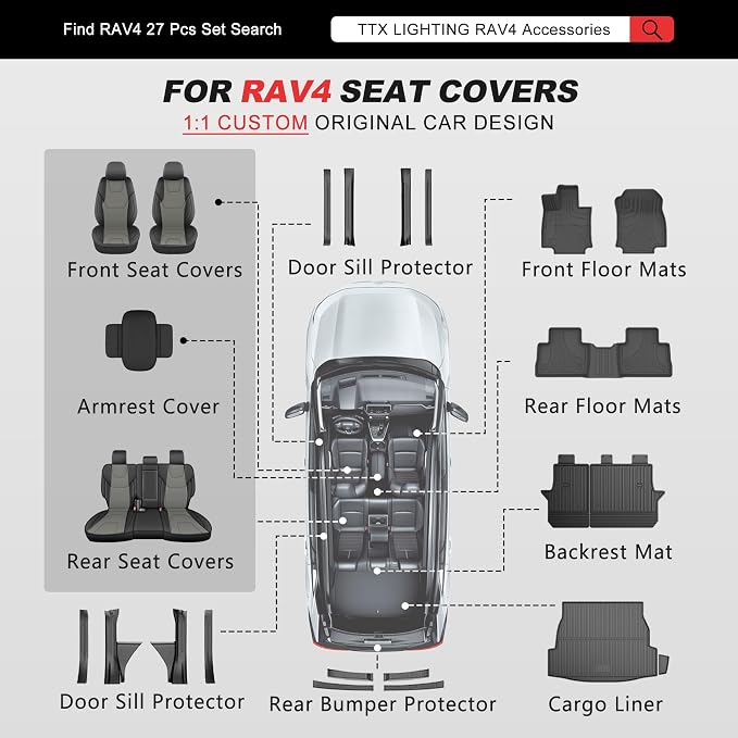 TTX LIGHTING Custom Fit for Toyota RAV4 Seat Covers 2019-2026 5-Seats | Original Seat Pattern | Full Coverage | Easy Install | Waterproof | Faux Leather | Shield Your Car Seats | All Season - Image 8