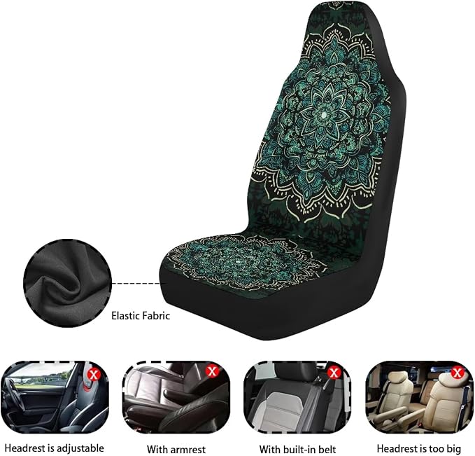 Boho Front Seat Covers for Cars, Set of 2 Green Mandala Bucket Seat Covers, Soft Breathable Polyester Seat Protectors for SUV, Truck and Sedan - Image 4