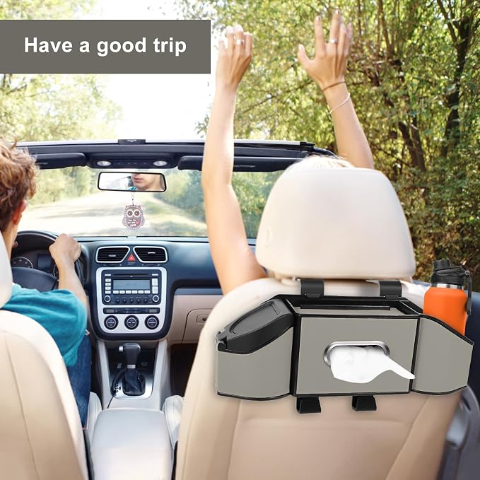 7-In-1 Car Seat Back Organizer with Cup Holders, Tissue Box, Garbage Can&Hooks, Multifunctional Headrest Storage Organizer, Headrest Cup Holder for Backseat, Car Accessories for Trips, Travels(Gray) - Image 8