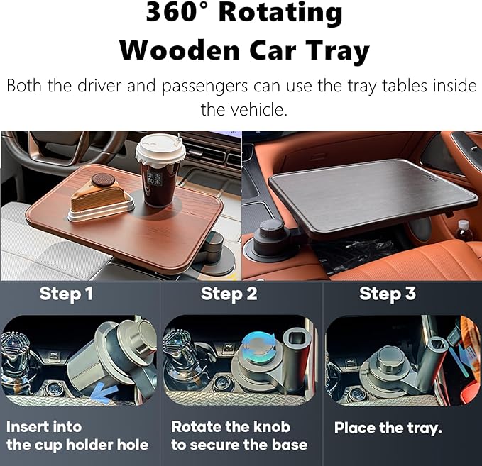 HZGAMER Wood Car Desk for Laptop, 360° Rotating Wood Cup Holder Table Tray for Drivers and Passengers, Car Accessories Compatible with Tesla Model Y/3/S, Ford F150/Explorer/Maverick & Most Vehicles - Image 3