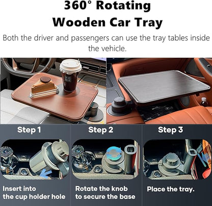 HZGAMER Wood Car Desk for Laptop, 360° Rotating Wood Cup Holder Table Tray for Drivers and Passengers, Car Accessories Compatible with Tesla Model Y/3/S, Ford F150/Explorer/Maverick & Most Vehicles - Image 3