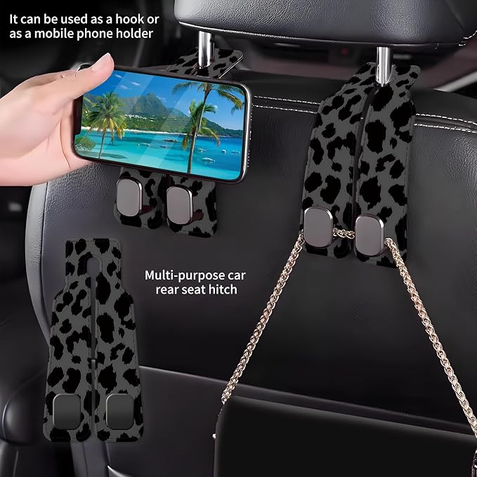 Car Seat Back Storage Headrest Hook, Premium Leather Double Metal Hook, Hanger Storage Organizer for Purse Cloth Bag, Car Interior Accessories Luxury Black Leopard - Image 2