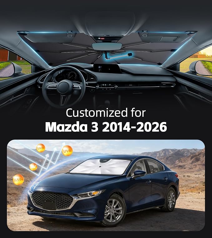 Windshield Sun Shade for Mazda 3 2014-2026 with 360° Rotating Shaft | Custom Fit Umbrella Sunshade for UV Blocking, Interior Heat Protection, Easy Storage, UPF 50+ Cool Windshield Cover - Image 2