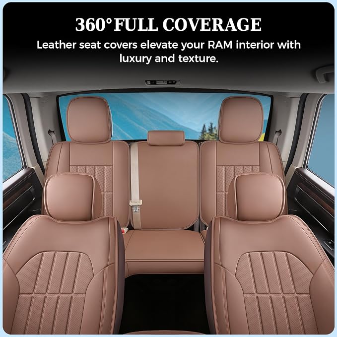 Truckiipa Seat Covers for Dodge Ram 1500 Full Set, Full Coverage Waterproof Leather Protectors Pickup Truck Accessories, Custom Fit for 2002-2026 Ram 1500 2500 3500 Crew Mega Cab,Brown - Image 8