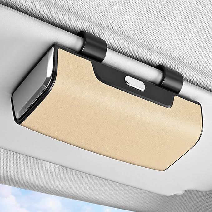 Sunglass Holder For Car Visor,Button-Open Sunglass Case For Car Visor,Car Sunglass Holder With Card Storage Function Suitable For Truck And Sedan To Place Sunglass (Beige) by Pakanana