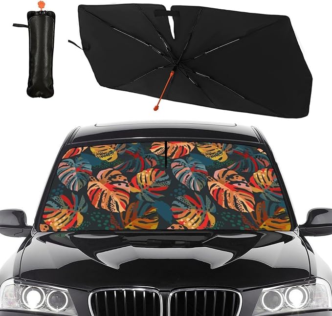 Tropical Car Windshield Sunshade Umbrella Palm Tree Sun Shade Umbrella for Car Foldable Windshield Umbrella Block UV Rays Heat Keep Vehicle Cool for Cars SUV 57"x30" - Image 2