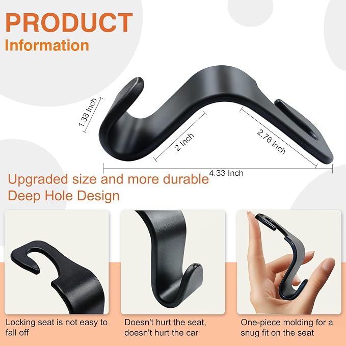 4-Pack Car Seat Hooks - 55 lb Each, Fits 0.32-0.55 in Headrest Rods | Purse holders; PP construction; tool-free setup; 360° swivel; black; for groceries, backpacks, gym bags, and baby gear - Image 2