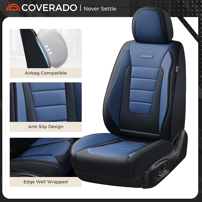 Coverado Car Seat Covers Front, Seat Covers for Cars, Waterproof 2-Pack Car Seat Cushions, Leather Carseat Seat Protectors, Universal Seat Covers Fit for Most Sedans SUV Pick-up Trucks(Black&Blue) - Image 6