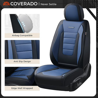 Coverado Car Seat Covers Full Set, Nappa Leather Seat Covers for Cars, Car Seat Protector Car Seat Cushion, Front and Back Seat Protectors Cushions Universal Fit for Most Cars Vehicles(Black&Blue) - Image 6