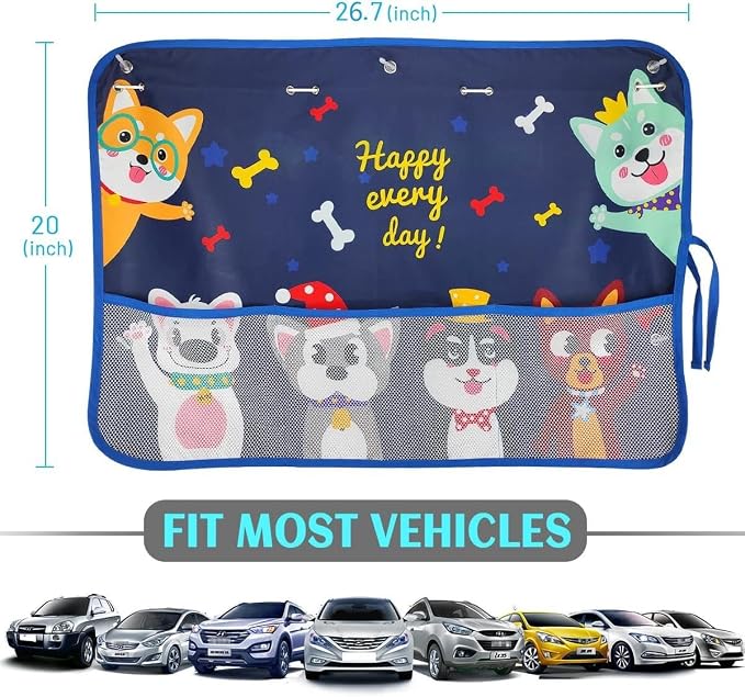 DIZA100 2 Pack Car Window Shade for Baby, Blackout Car Sun Shades with Storage Pockets, 7 Suction Cups, Blue, Cute Patterns for Sun/Heat/UV Rays Protection, Standard Passenger Cars - Image 5