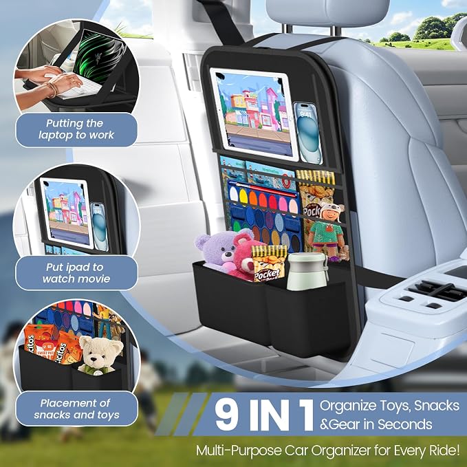 Car Backseat Organizer with Tray, Tablet Holder for Kids Road Trip | 600d Oxford Fabric, Waterproof & Easy-Clean, Foldable Tray Stows Away, Adjustable Straps Fit Car Seats, Multi-Size Pockets - Image 4