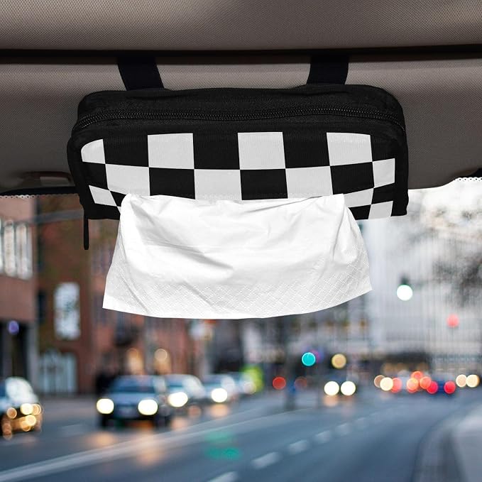 Car Tissue Holder Napkin Box Dispenser Storage Case Sun Visor Mask Holder With Adjustable Straps Reusable Refillable Checkered Black and White - Image 6