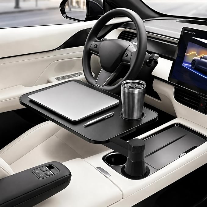 360° Rotating Car Desk Tray for Laptop & Food, Fits Tesla Model Y/3/S | 360° Rotating Car Desk, Premium Leather, Cup Slot, Adjustable for Laptop & Food, Fits Tesla Model Y/3/S & Most Cars by MOOMARTO