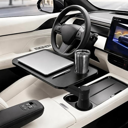 360° Rotating Car Desk Tray for Laptop & Food, Fits Tesla Model Y/3/S | 360° Rotating Car Desk, Premium Leather, Cup Slot, Adjustable for Laptop & Food, Fits Tesla Model Y/3/S & Most Cars by MOOMARTO
