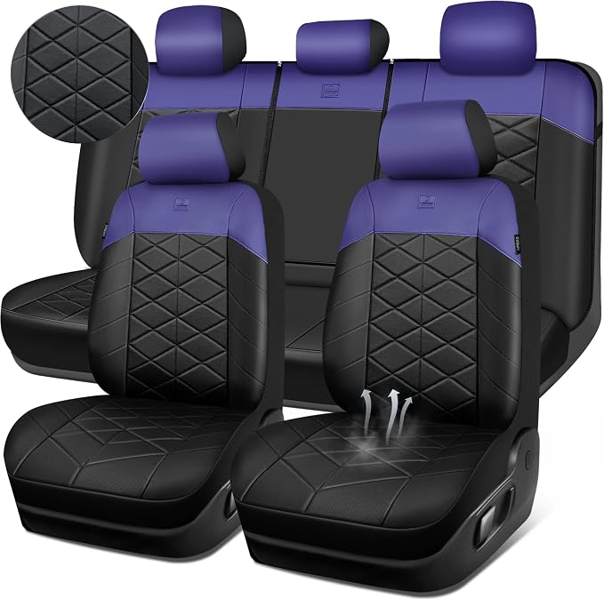 CAR PASS Memory Foam Leather Seat Covers Full Set, Breathable Perforated Nappa Leather Seat Covers Universal Fit for Most Cars,Sedans,SUV,Trucks Thick 3D Foam Comfortable, Airbag Compatible Black Blue by CARPASS