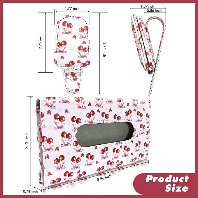 1Pcs Car Tissue Holder and 2 Pcs Sunglass Holder for Car,Magnetic Leather Sunglasses Holder Car Sun Visor Glasses Hanger Clip,Car Interior Accessories for Women(White Cherry) - Image 2