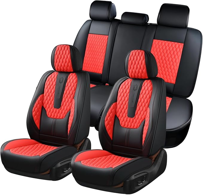 Coverado Car Seat Covers Full Set, 5 Seat Leather Seat Covers for Cars, Car Seat Protector with Lumbar Support, Waterproof Seat Covers Universal Fit for Most Cars SUV Trucks (Red&Black) by COVERADOAUTO