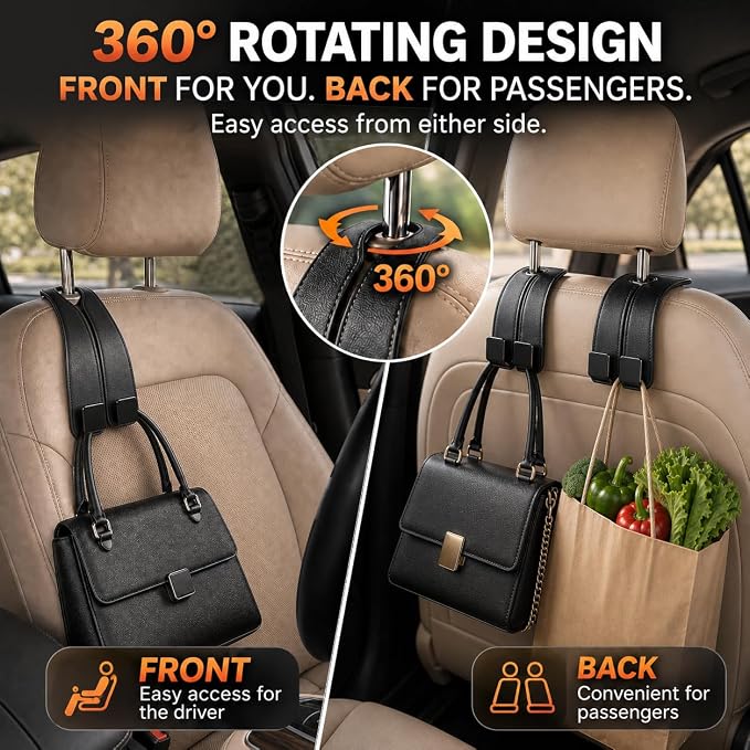 vidonio Car Headrest Hooks, 4 Pack 360° Rotating Double Hooks with Leather-Wrapped Metal Core, Heavy Duty Seat Back Purse Holder for Handbags, Grocery Bags and Backpacks, Black - Image 5