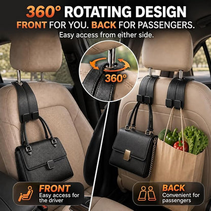 vidonio Car Headrest Hooks, 4 Pack 360° Rotating Double Hooks with Leather-Wrapped Metal Core, Heavy Duty Seat Back Purse Holder for Handbags, Grocery Bags and Backpacks, Black - Image 5