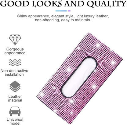 Bling Car Sun Visor Tissue Box Holder, Rhinestone PU Leather Crystal Sparkling Napkin Holder, Backseat Paper Towel Cover Case Car Accessories for Women (Pink) - Image 3