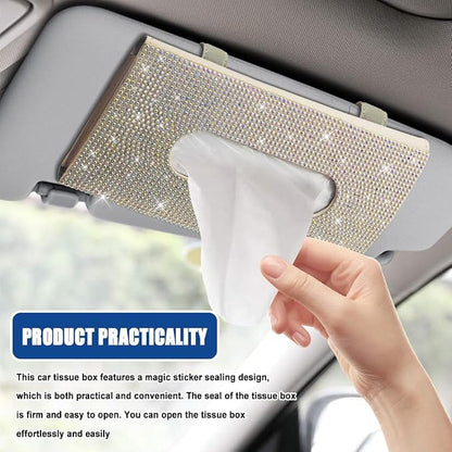 Bling Car Sun Visor Tissue Box Holder, Visor Accessories, Rhinestone PU Leather Crystal Sparkling Napkin Holder, Auto Sun Visor Paper Towel Cover Case Accessories for Most Cars (Beige+Colorful) - Image 4