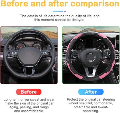 Osilly 15 Inch Carbon Fiber PU Leather Steering Wheel Cover, Pink | full-wrap protective surface, flexible ringless design, hand-stretch setup, fits matching rim sizes, automotive accessories - Image 5