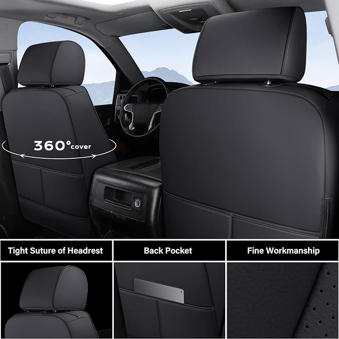 Coverado Chevy Silverado Seat Covers Full Set, Faux Leather Car Seat Covers Fit for 2014-2018 1500, 2015-2019 2500HD 3500HD Chevy Silverado GMC Sierra Crew Double Extended Cab (Black) - Image 3
