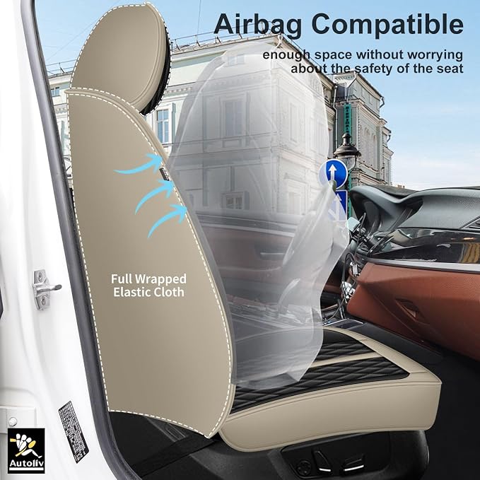 IKABEVEM Car Seat Covers Fit for Toyota Camry 2002-2024 2025 Full Set | Waterproof Faux Leather, Airbag Compatible, Easy Install & Wipe Car Seat Protector,5 Seats Covers Fit for Camry, Beige&Black - Image 4