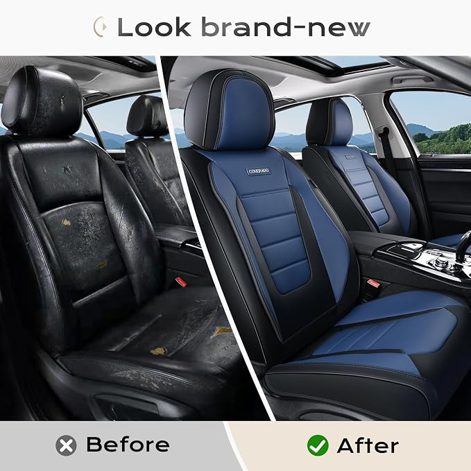 Coverado Car Seat Covers Front, Seat Covers for Cars, Waterproof 2-Pack Car Seat Cushions, Leather Carseat Seat Protectors, Universal Seat Covers Fit for Most Sedans SUV Pick-up Trucks(Black&Blue) - Image 8
