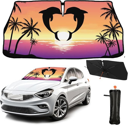 CHILL·TEK Funny Animal Car Windshield Sun Shade Umbrella, Dolphin Love Car Sun Shade Umbrella, Block UV Rays Heat Foldable Windshield Umbrella Sun Visor Protector - Keep Vehicle Cool for Cars SUV by CHILL%C2%B7TEK