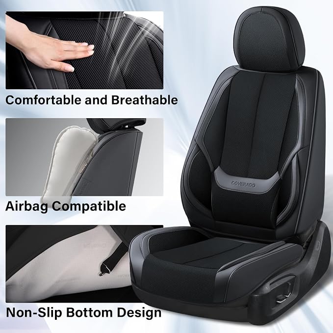 Coverado Front Seat Covers, Waterproof Universal Seat Covers for Cars, Breathable Leather Car Seat Protectors, Car Seat Cushions Auto Accessories Fit for Most Sedans SUV Truck, Black - Image 2