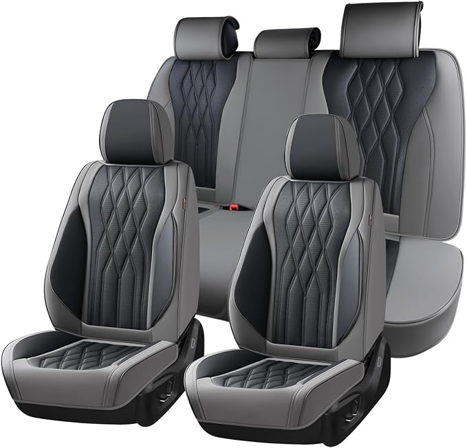 Coverado Seat Covers FullSet, 5 Seats Car Seat Protector, Waterproof Nappa Leather Cushion, Front & Rear Fit for Most Sedans SUV Pick-up Truck-Gray&Black by COVERADOAUTO