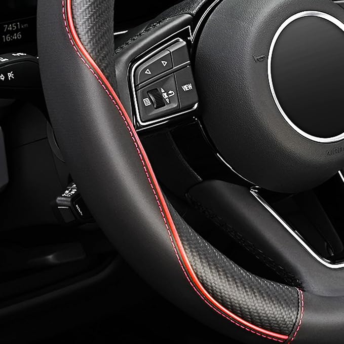 YHONGJT Soft Microfiber Leather Anti-Slip Car Steering Wheel Cover, Universal 15 Inch, Fit Vehicles, Sedans, SUVS, Vans, Trucks - Black with Red Line - Image 3