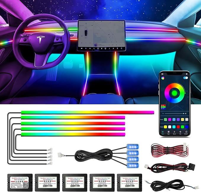 Tesla Dreamcolor Interior Car Lights, WEBUPAR Tesla Car Accessories 9 in 1 Car LED Strip Lights with APP Control and 213 Modes, 175 inches 593 LEDs Acrylic Fiber Optic Lights, RGB Neon Car Lighting by WEBUPAR