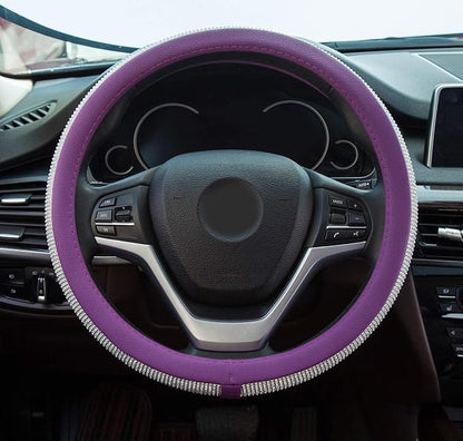 New Diamond Leather Steering Wheel Cover with Bling Crystal Rhinestones | Universal Fit 15 Inch Car Wheel Protector for Women Girls Purple - Image 5