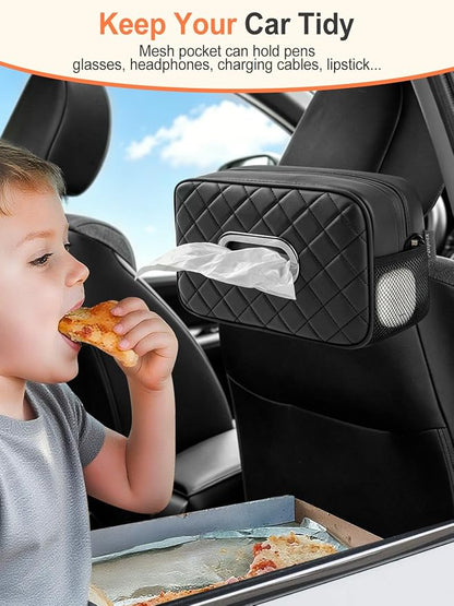 Multi-functional Car Tissue Holder with ‌2 Tuck Nets, Tissue Box Cover | Diamond Pattern, Upgraded PU Leather, Large Rectangle,Black Napkin Storage Organizer, Keep Car Tidy - Image 4