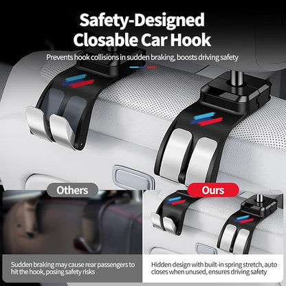 2 PCS Car Headrest Hook Safe Foldable Hidden Seat Hooks for BMW | Strong Load Capacity ABS Hanger for Purse Bag Storage Organizer, for BMW 3 4 5 X1 X3 X5 Accessories with Sporty 3-Color Logo - Image 2