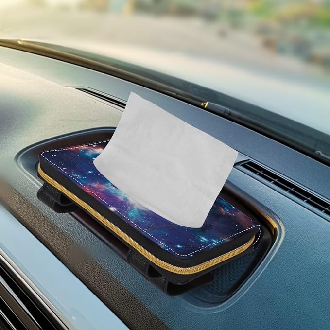 Biyejit Car Tissue Holder, Galaxy Space Print Hanging Napkin Case, PU Leather Tissue Box for Car Sun Visor, Backseat for Car Decor - Image 5