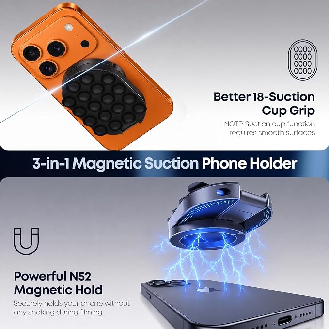 ALCOVA MagLock 3-in-1 Suction Magnetic Phone Holder for MagSafe | Phone Tripod Mount with Carabiner Clip, Compatible with iPhone 17-12, Ideal for Car Dashboard, Gym, Kitchen, Office - Image 2