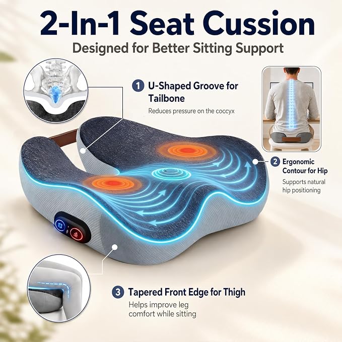 2-in-1 Rechargeable Heated Seat Cushion with Vibration Massager | Cordless Office Chair Cushion with 3 Heat Levels & 3 Vibration Modes, Ergonomic Tailbone Support for Desk Chair, Car, Home - Image 5