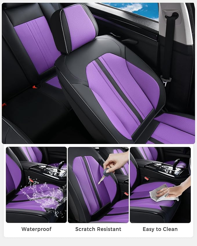 Huidasource Front Car Seat Cover, Luxury Faux Leather Leather Front Seat Covers, Compatible with Airbags, Seatbelt Buckles, Cooling＆Heating, Universal Fit for Most Cars Vans Trucks SUVs, Black＆Purple - Image 6