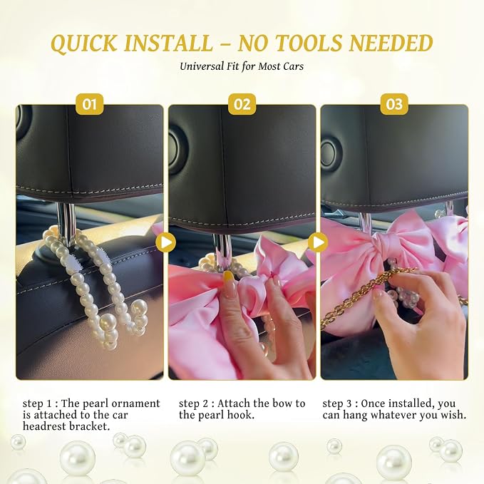 2 PCS Bow Pearl Car Seat Headrest Hook – Cute Purse Hook for Car, Girly Interior Decoration Accessories Hook Hanger, Seatback Holder for Purses & Bags, Elegant Car Organizer (Sunshine Yellow) - Image 7