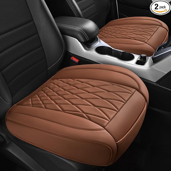 CAR PASS 2 Pack Leather Front Car Seat Covers, Bottom Seat Covers Full Wrapped with Storage Pocket, Anti-Slip Leather Seat Protectors,Waterproof Seat Cushion Pad Universal Fit Sedan SUV Truck, Brown by CARPASS