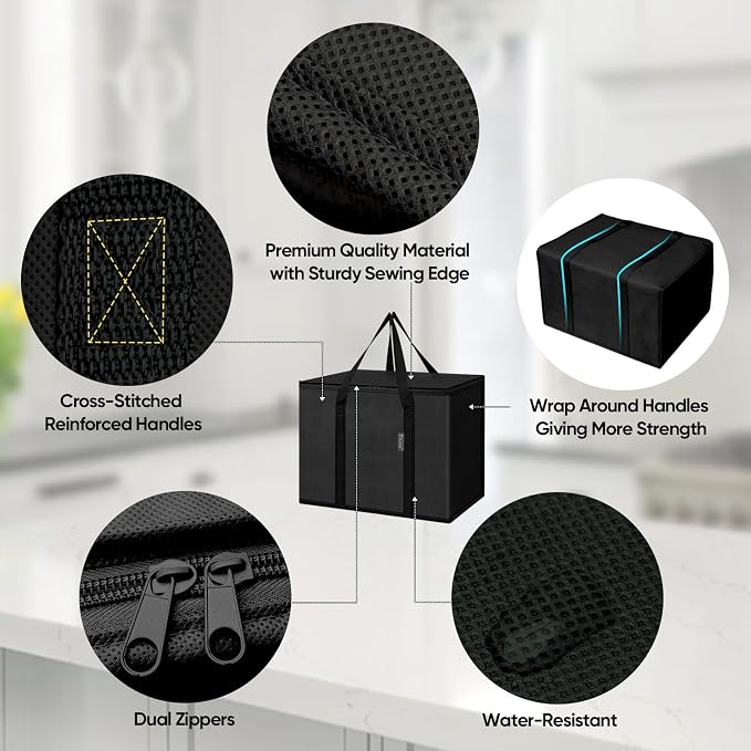 BALEINE 2Pk Insulated Reusable Grocery Bags, Collapsible Cooler Bag for Groceries, Heavy Duty Large Insulated Bag (16''x9''x13'', Charcoal Black) (Pack of 3) - Image 3