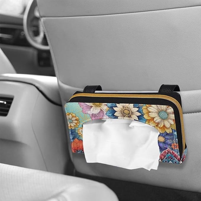 Biyejit 2 Pack Car Tissue Holder, Boho Flowers Hanging Napkin Case, PU Leather Tissue Box for Sun Visor, Backseat Decor - Image 4