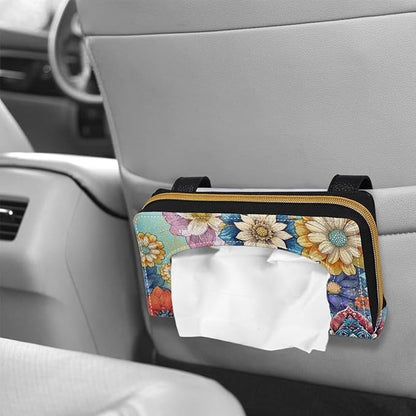 Biyejit 2 Pack Car Tissue Holder, Boho Flowers Hanging Napkin Case, PU Leather Tissue Box for Sun Visor, Backseat Decor - Image 4